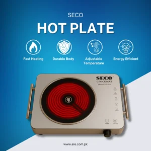 A sleek SECO Electric Hot Plate with a stainless steel body and double infrared burners on a white background.