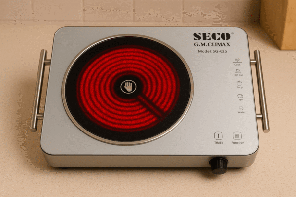 A sleek SECO Electric Hot Plate with a stainless steel body and double infrared burners on a white background.