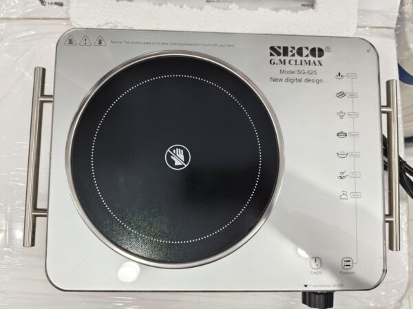 A sleek SECO Electric Hot Plate with a stainless steel body and double infrared burners on a white background.