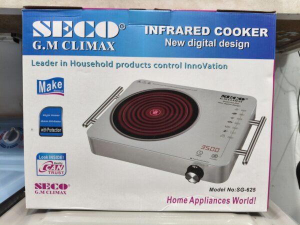 A sleek SECO Electric Hot Plate with a stainless steel body and double infrared burners on a white background.
